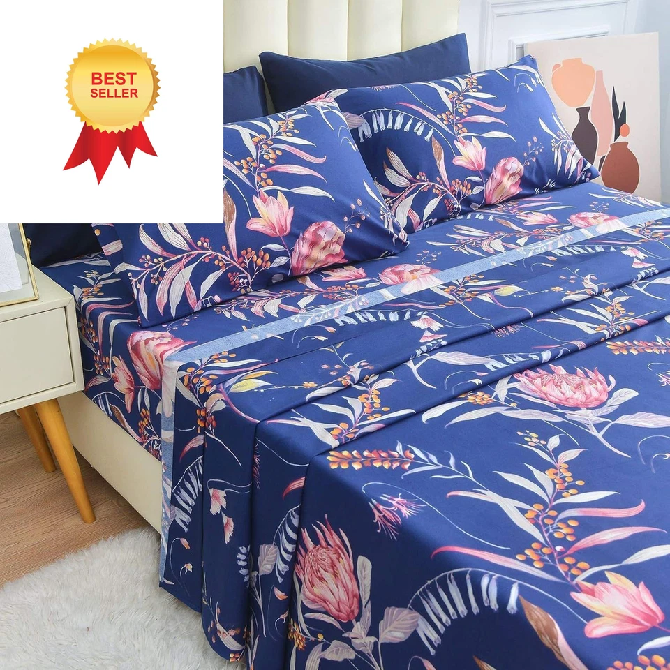 JSD Navy Blue Floral Printed King Sheet Set, 6 Piece Botanical King, - Image 3 of 4