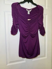 Max Studio Woman’s Ruched Blouse Size Large Purple NWT Stretch Flattering