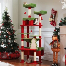 PAEZ Road Christmas Tall Cat Tree Tower with Xmas Tree Scratcher for Large Cats