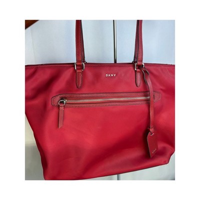 DKNY Red Nylon Tote Bag Large Shoulder Shopper Travel Work Laptop Handbag Purse