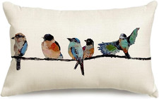 RABUSOFA 12x20 Lumbar Pillow Cover Watercolor Birds Linen Cushion Case Teal Blue