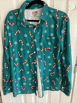 ARVI HILL CHRISTMAS MENS BUTTON DOWN SHIRT CANDY CANES BLUE SIZE MED