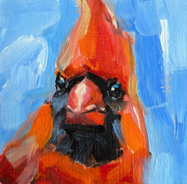 Original Oil Painting Red Cardinal Bird Art Impressionist Wildlife Gift 4x4"