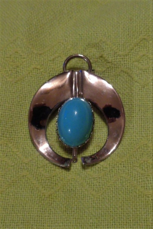 Vintage Necklace Pendant Silver Tone Faux Turquoise Retro design 1970's
