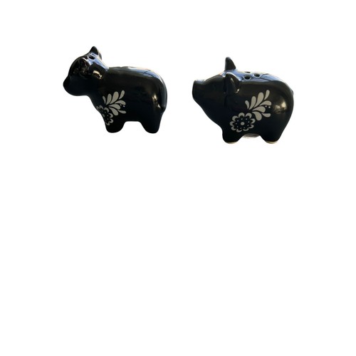 Black White Ceramic Farm Animal Salt Pepper Shakers Pig Cow Floral Design - Picture 2 of 5