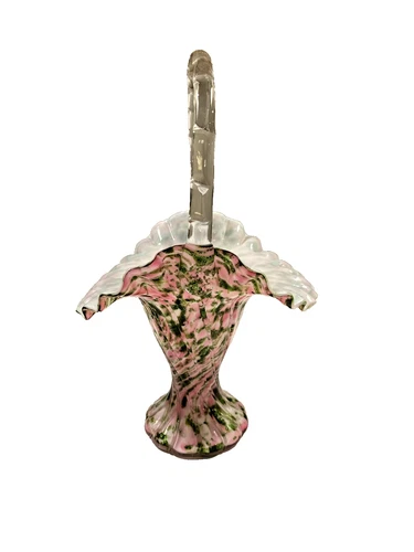 Fenton Basket Vasa Murrhina Rose Pink Green Basket 10.75" Tall