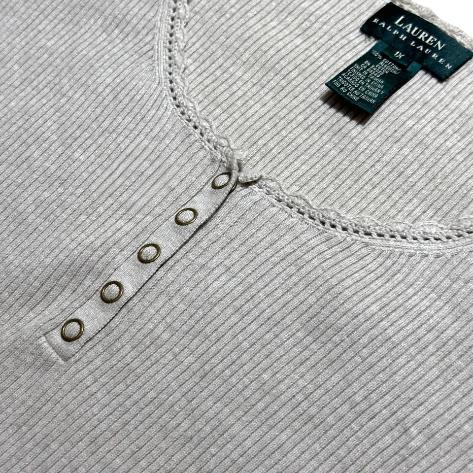 Suéter Lauren Ralph Lauren Para Mujer 1X Beige Acanalado Tejido Encaje-A Presión Henley Foto 3 de 4