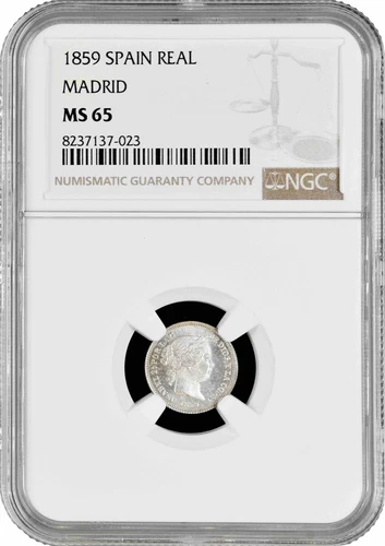 Spain 1 real 1859, NGC MS65 MADRID, "Queen Isabel II (1847 - 1864)" silver coin