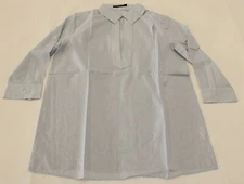 Michel Klein Paris Womens Pinstripe Collared Low V-Neck Blouse CF6 Light Blue 38