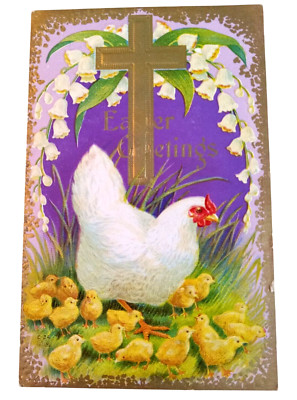Early 1900's Nash EASTER GREETINGS Gold Foil Embossed Postcard Cross Chicks