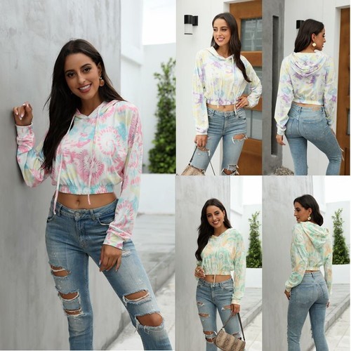 Fashion Women's Long Sleeve Pullovers Navel Tops Floral Print Loose Hoodie