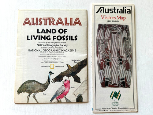 2 Maps of Australia- 1987 Visitor Map- 1979 National Geographic Map of Fossils