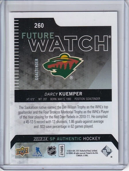  2013-14 SP Authentic Future Watch #260 Darcy Kuemper RC 0475/1299 - CAPITALS - Image 2 of 2