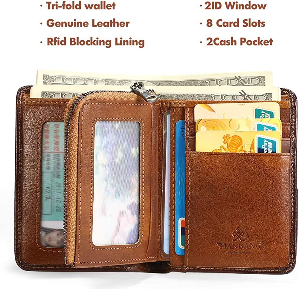 Mens Wallet Zipper Genuine Leather RFID Card Holders Cowhide Zip Coin