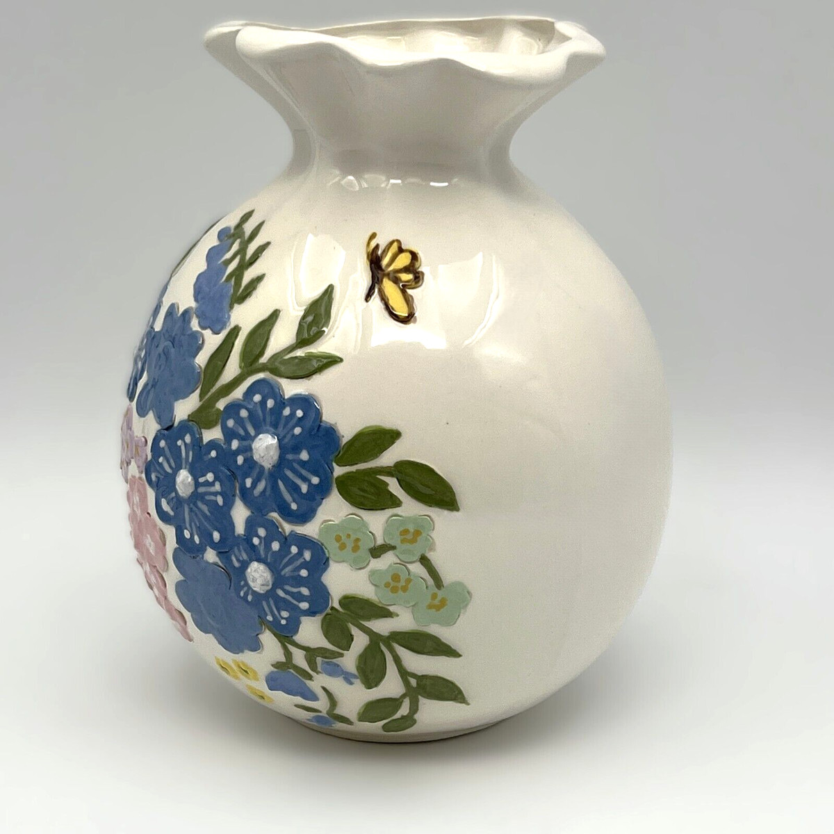 Vintage Ceramic Vase Hand Painted Raised Multicolored Flowers Fluted Opening View 3