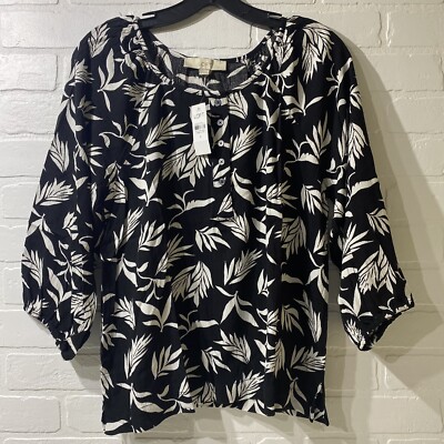 NEW - LOFT -Palm Henley Blouse Splitneck - Black/White - Small