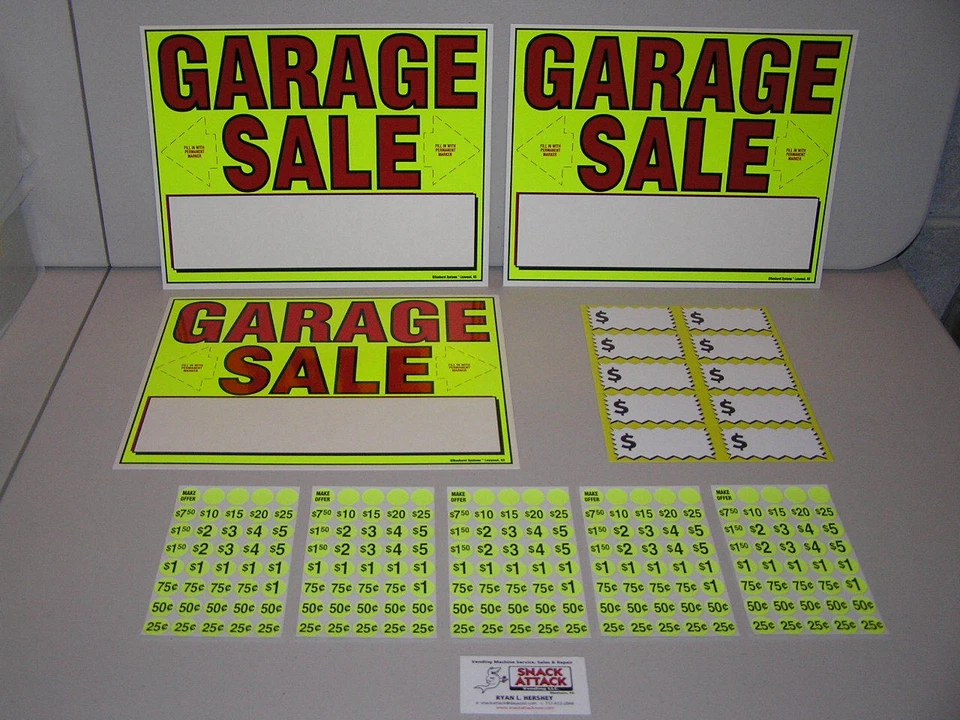 SNACK ATTACK GARAGE SALE SIGNS & PRE - PRICED LABEL KIT / Free Ship!