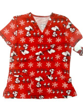 Snoopy Christmas Scrub Top Women's Medical Work Shirt Peanuts Snoopy Red Pockets