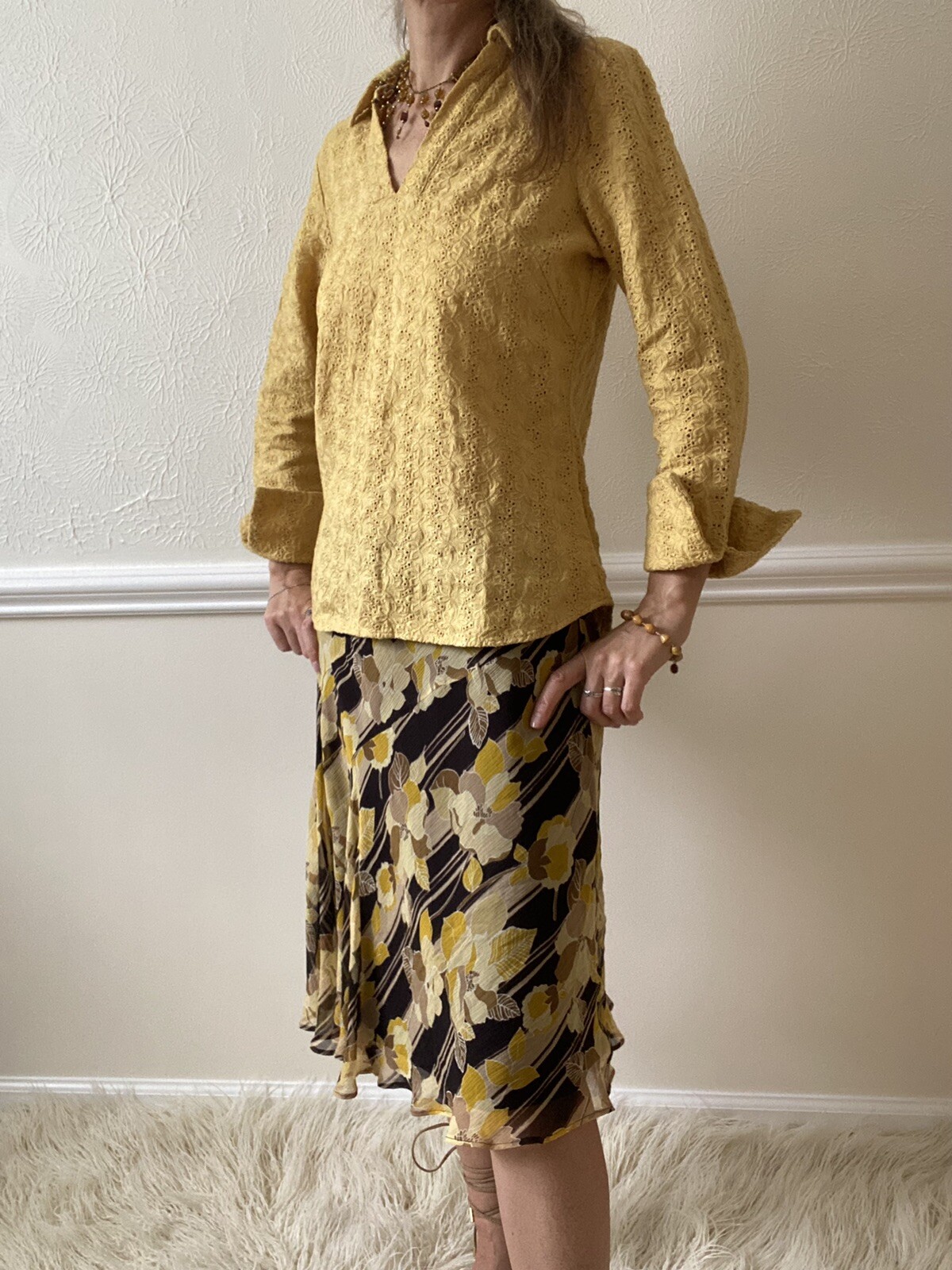 Blouse linen yellow mustard collared eyelet S beautiful shirt eBay