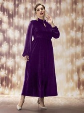 Women Purple Velvet Dress Full Sleeve Bridesmaid Wedding Party Wear Sexy Dress