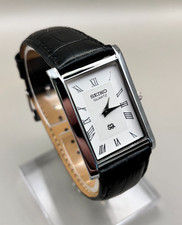 Vintage Seiko Quartz Tank Watch Silver Tone Roman Dial Black Leather Strap