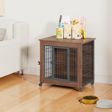 27.2 INCH WOODEN DOG CRATE FURNITURE WITH WHEELS FOR SMALL DOGS, DOUBLE DOOR
