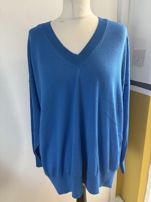 Marks & Spencer Women s XL Jumper Blue 100% Merino Wool V Neck Long Sleeve