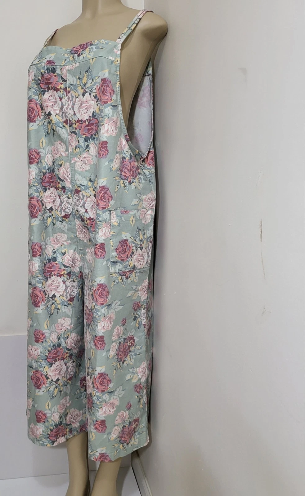 April Cornell Ellie Floral Green Pullover Jumpsuit Wide Leg Sz L Cottage Garden