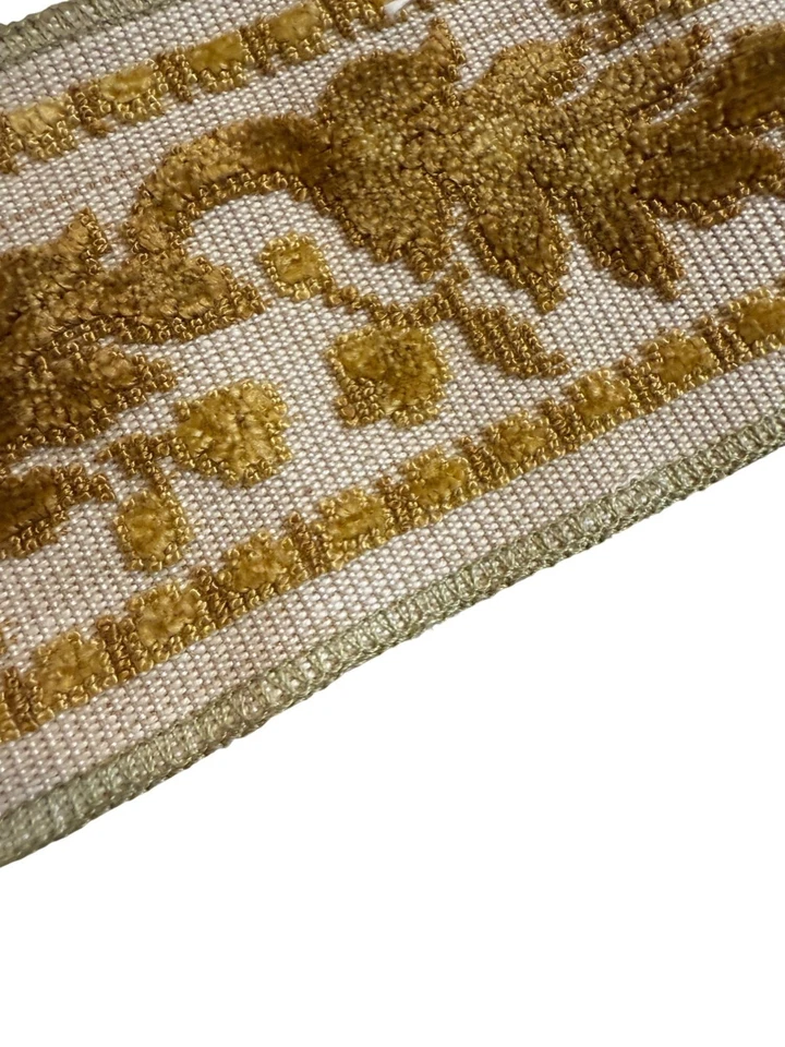 Vtg Upholstery Trim Embroidered Leaf Design Gold Chenille Mid Mod Retro 3” x108 - Image 3 of 4
