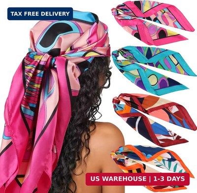 DRESHOW 35'' Large Square Satin Head Scarf - 4Pcs Silk Accessories Classic Patter