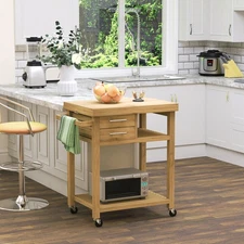 Bamboo Kitchen Island Cart on Wheels, 2 Storage Drawers, Towel Rack