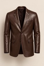 Men s Genuine Leather Blazer Brown Slim Fit 2 Button Business Casual Jacket