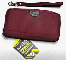 Travelon RFID Blocking Zip Wallet Nylon Holder Card Case Wristlet Burgundy NEW