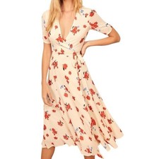Reformation Napa Floral Wrap Midi Dress Red Blue Ivory Size XS
