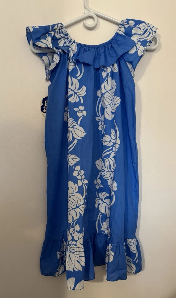 NUEVO HILO HATTIE Niñas 14 Vestido Hawaiano Azul Blanco Estampado Floral Nuevo con Etiquetas Foto 2 de 4