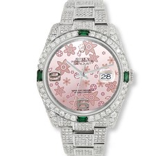 Rolex Datejust 36mm 12.4CT Diamond/Emerald Watch With Pink Floral Box Papers