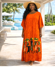 Sahara Arms Orange African Border Print Caftan with Size Stitching One Size Plus