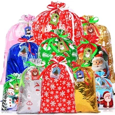 16pcs Christmas Drawstring Gift Bags with Tags, 5 Assorted Size Xmas Gift Wra...