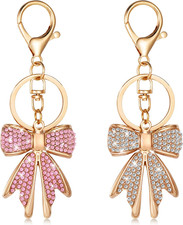 2 Pcs Cute Bow Keychain for Women, Sparkly Pink Rhinestone Bow Bag Charm Shin...
