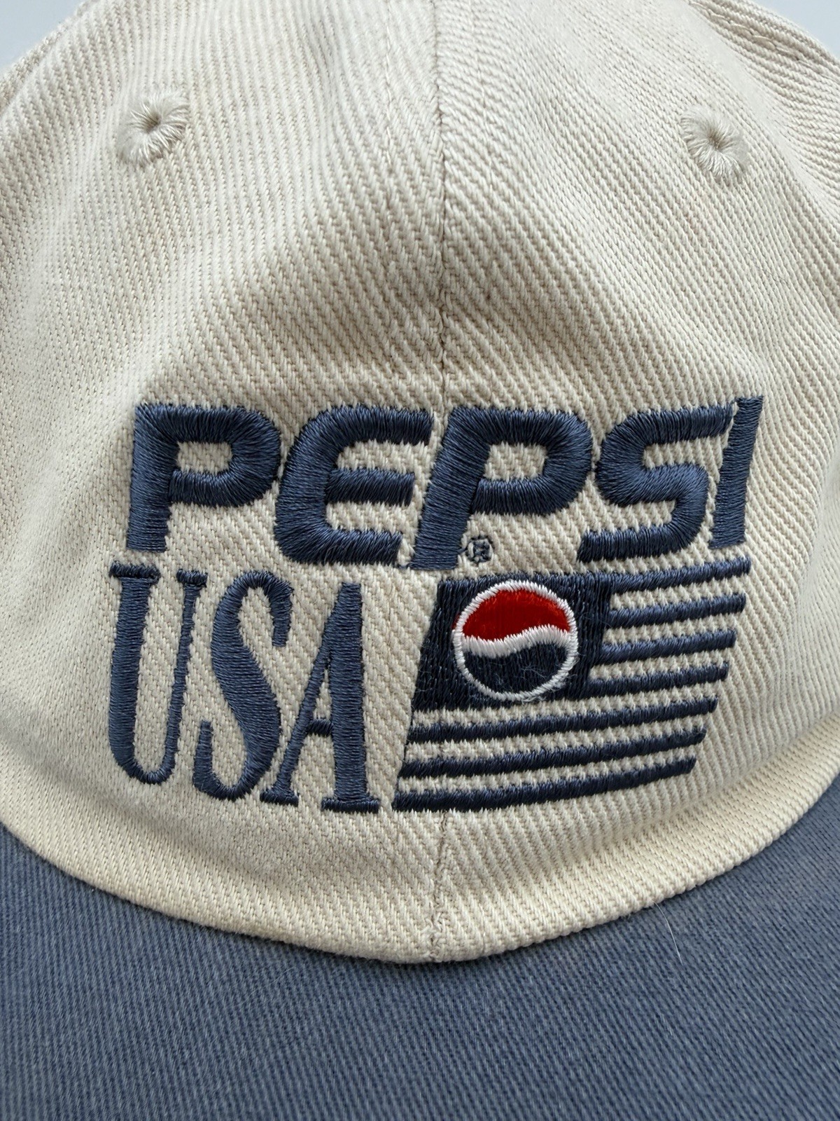 String Cursive Font Vintage Pepsi USA Hat Strapback Advertising Cap Beige Blue Brim Script ...