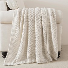 Ivory Cream White Chunky Cable Knit Throw Blanket 50x60 Inch Soft Warm Bed