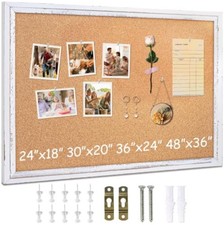 Rustic White Cork Board 24 x 18 Inch Framed Bulletin Board Wall Mount Farmhouse