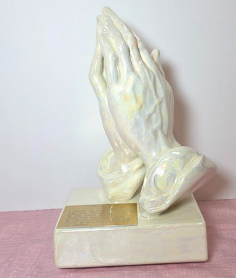 VTG 90s 10'' Praying Hands Pearl Ceramic Statue Atlantic Mold Brass Psalm 121