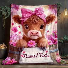 Custom Cute Bowknot Highland Cow NameText Flannel Blanket 2D Flat, Soft and C