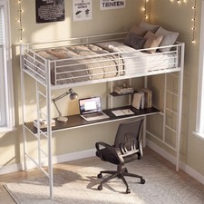 Single Bed Loft Frame with Attached Desk and Storage Shelves