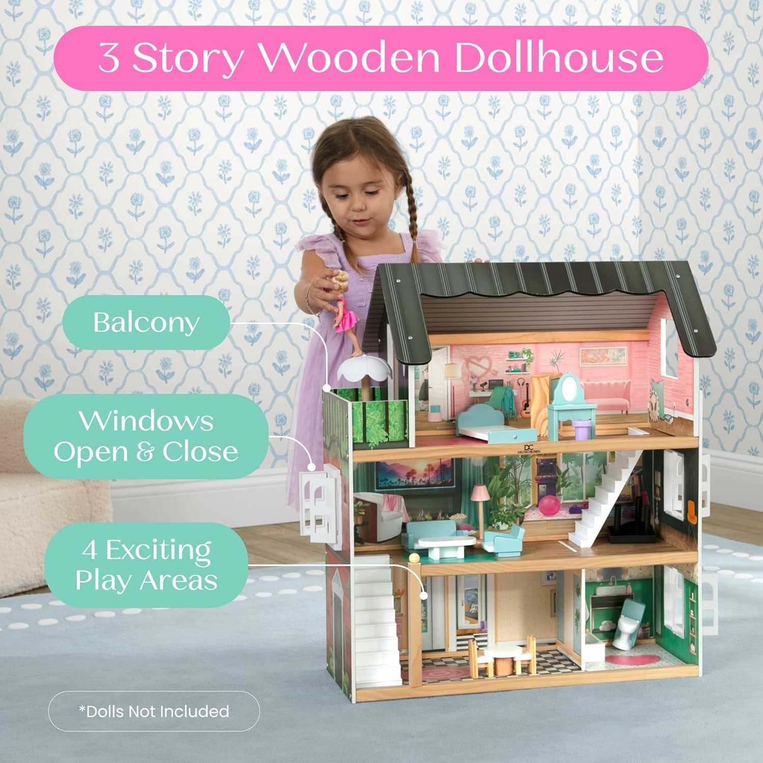 Delta Children South Beach Dollhouse - 3-Story Dollhouse with 4 Rooms - Includes
