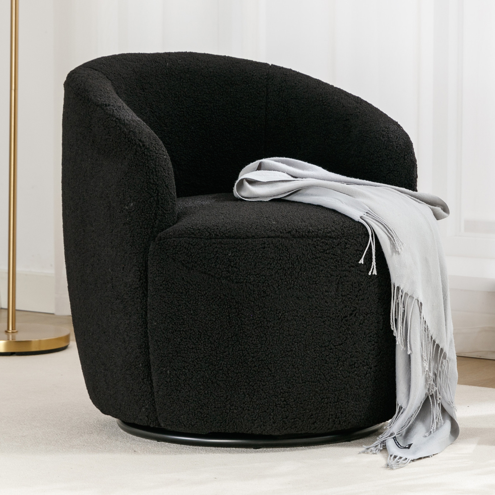 Modern Black Metal Swivel Barrel Chair in Soft Teddy Fabric