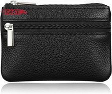 Black Small Leather Coin Purse Change Pouch for Women Men Kids with Zip Key Ring