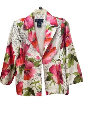 Susan Graver SzM Satin Floral Blazer Bold Spring Flowers on White Lined