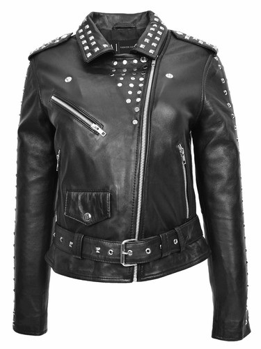 Womens Black Leather Biker Jacket Studded Detail Fitted Brando Motorcycle Style - Picture 4 of 8